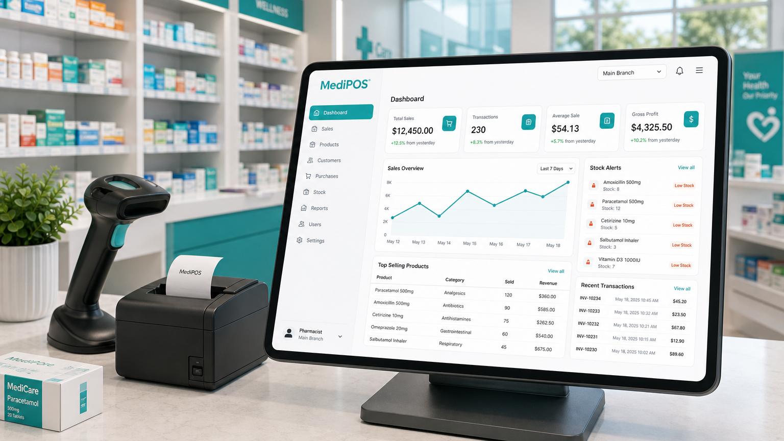 MediPOS pharmacy counter with dashboard on a POS tablet