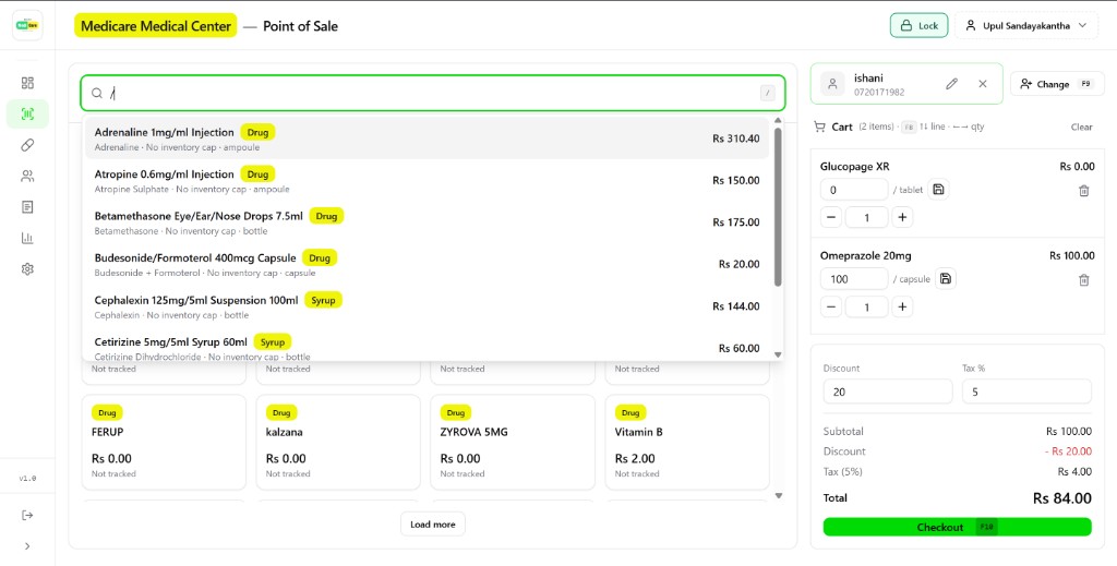MediPOS point of sale with item search and checkout cart