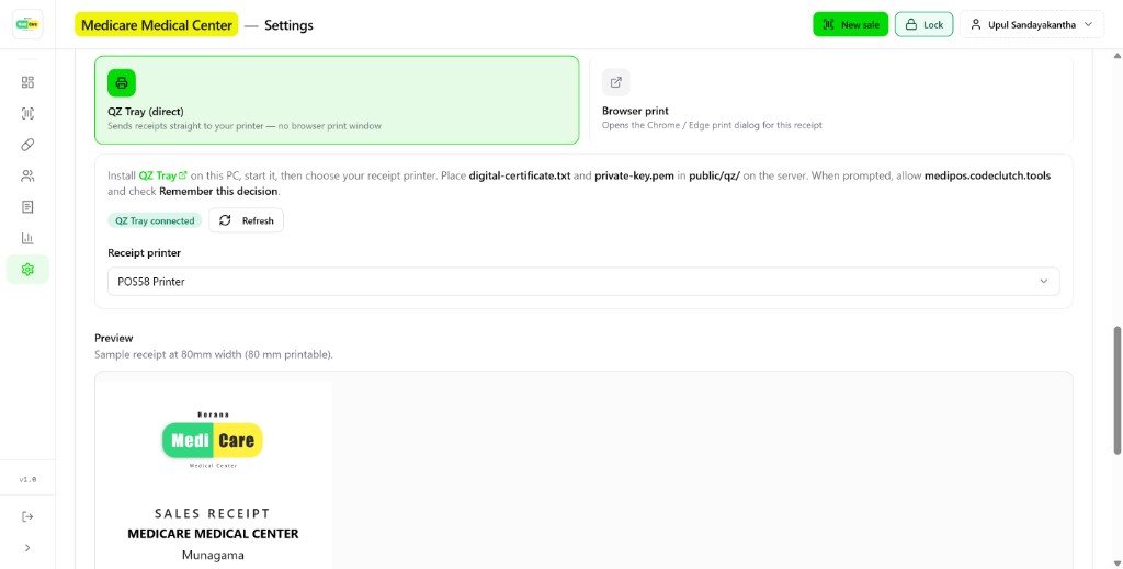 MediPOS invoice print settings with QZ Tray connected