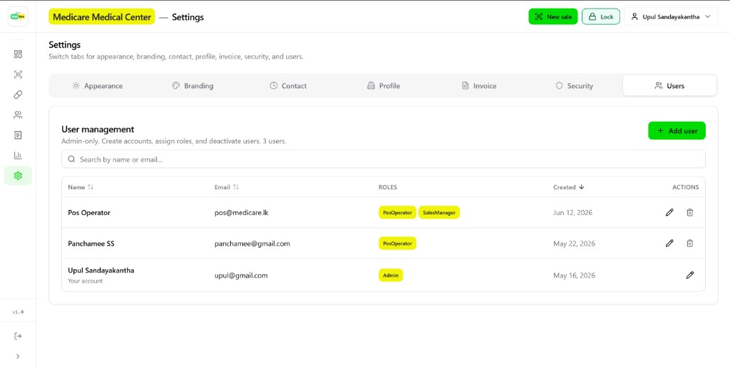 MediPOS user management with roles